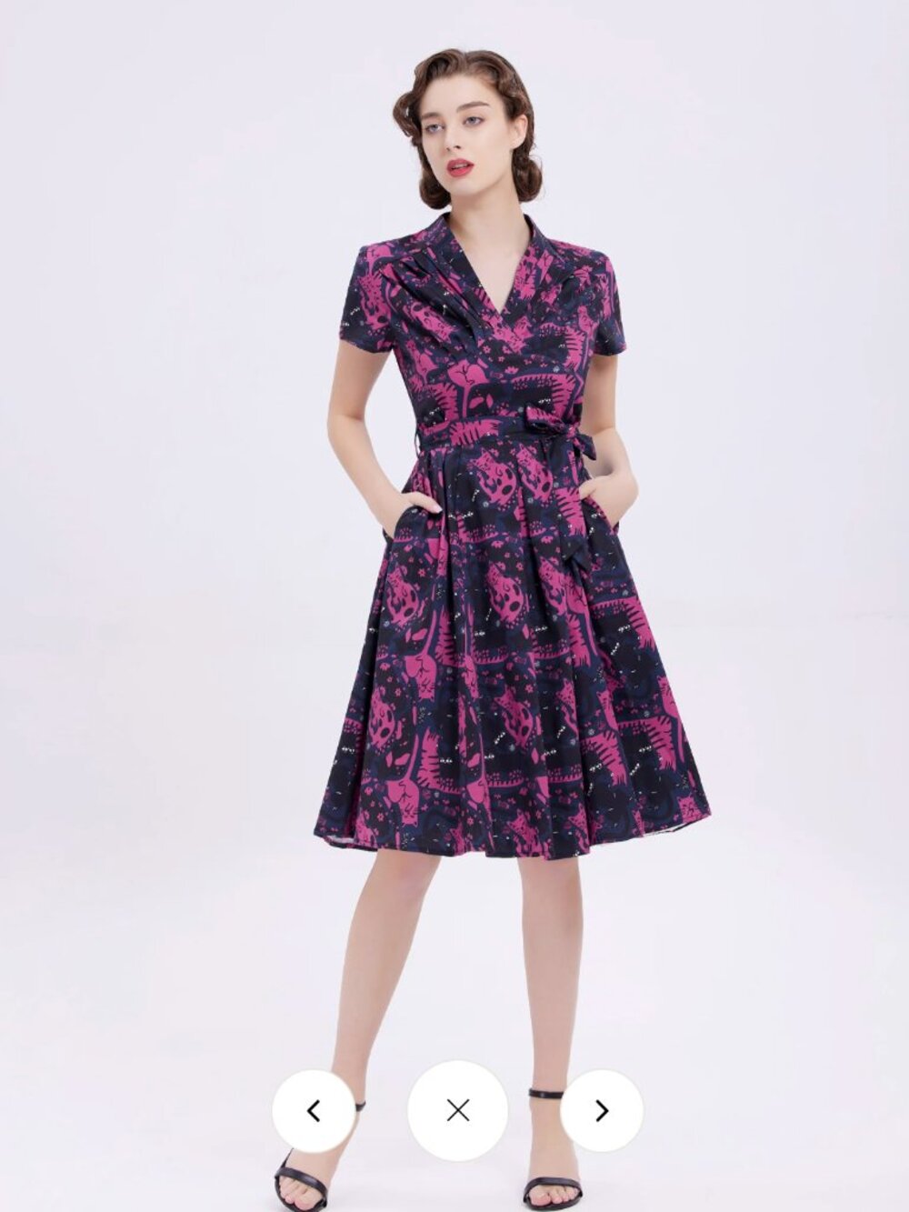 Miss Lulo Rose Kitten Dress Belted Black Purple Whimsigoth Pockets L Fit Flare